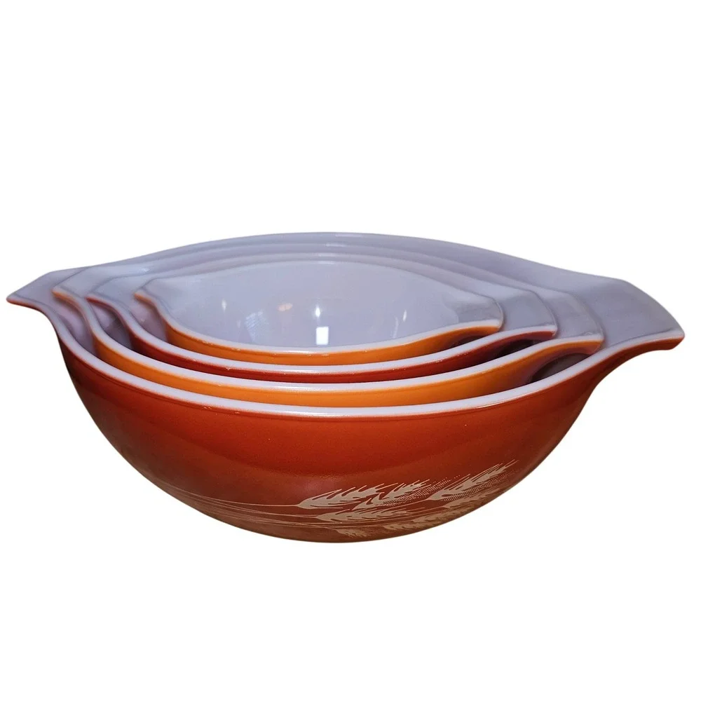 Vintage Pyrex Autumn Harvest Cinderella Nesting Bowl Set 441 442 443 444 Wheat